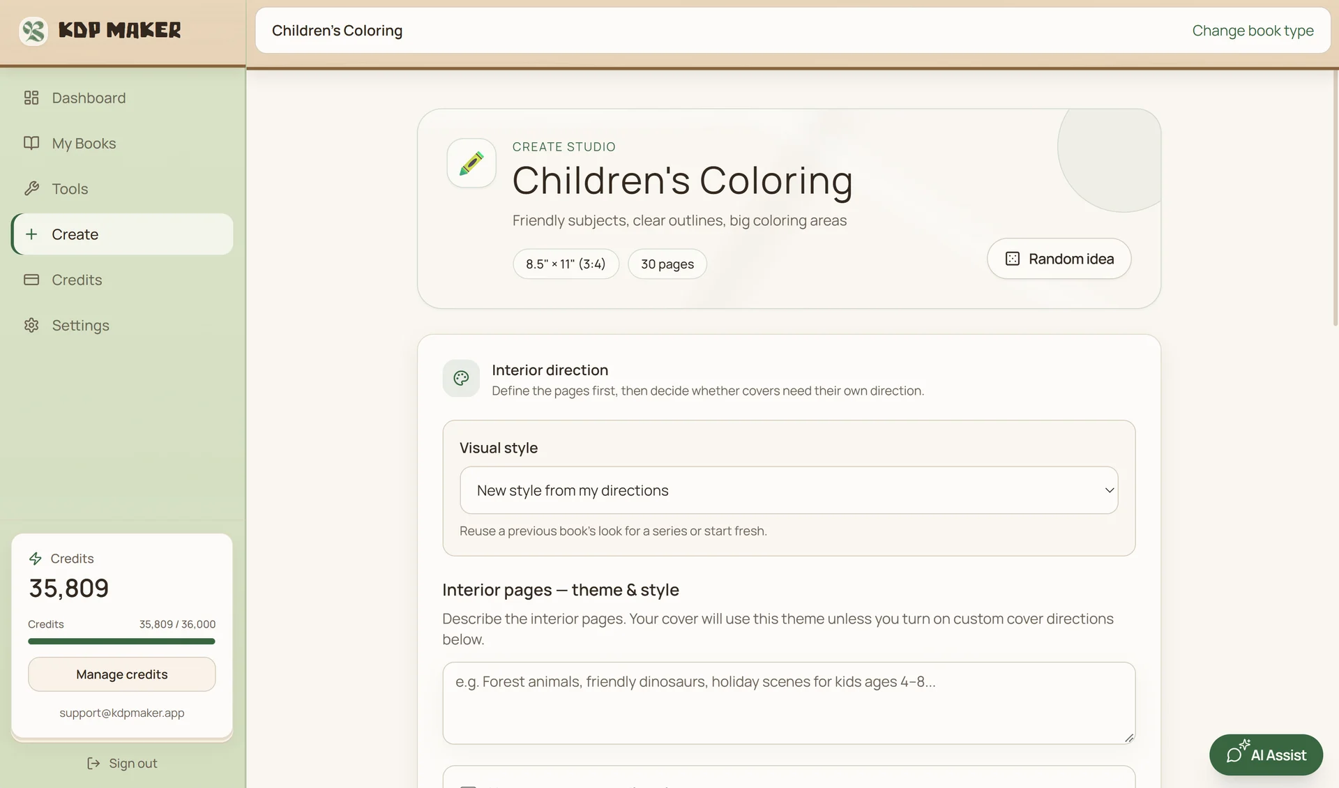 Book setup form for describing a theme and choosing trim size