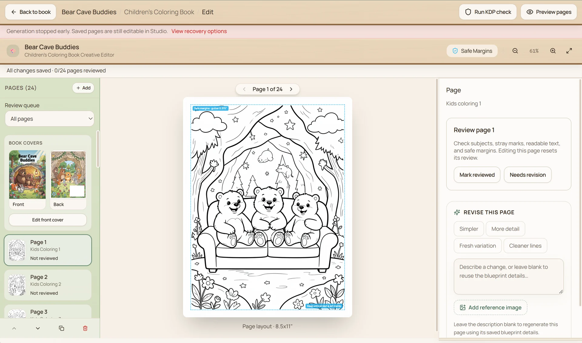 Studio page review with safe margins and revision controls